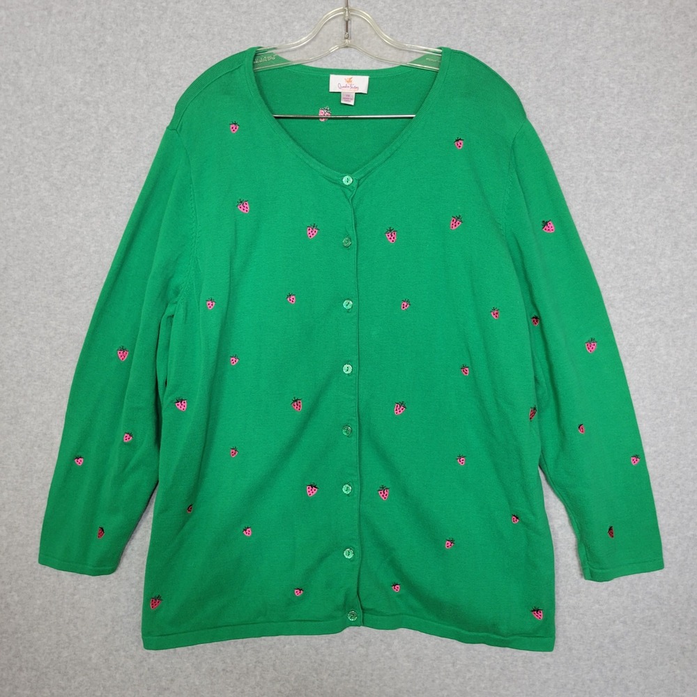 Quacker Factory Green Strawberry Embroidered Cardigan Twin Set Plus Size 2X